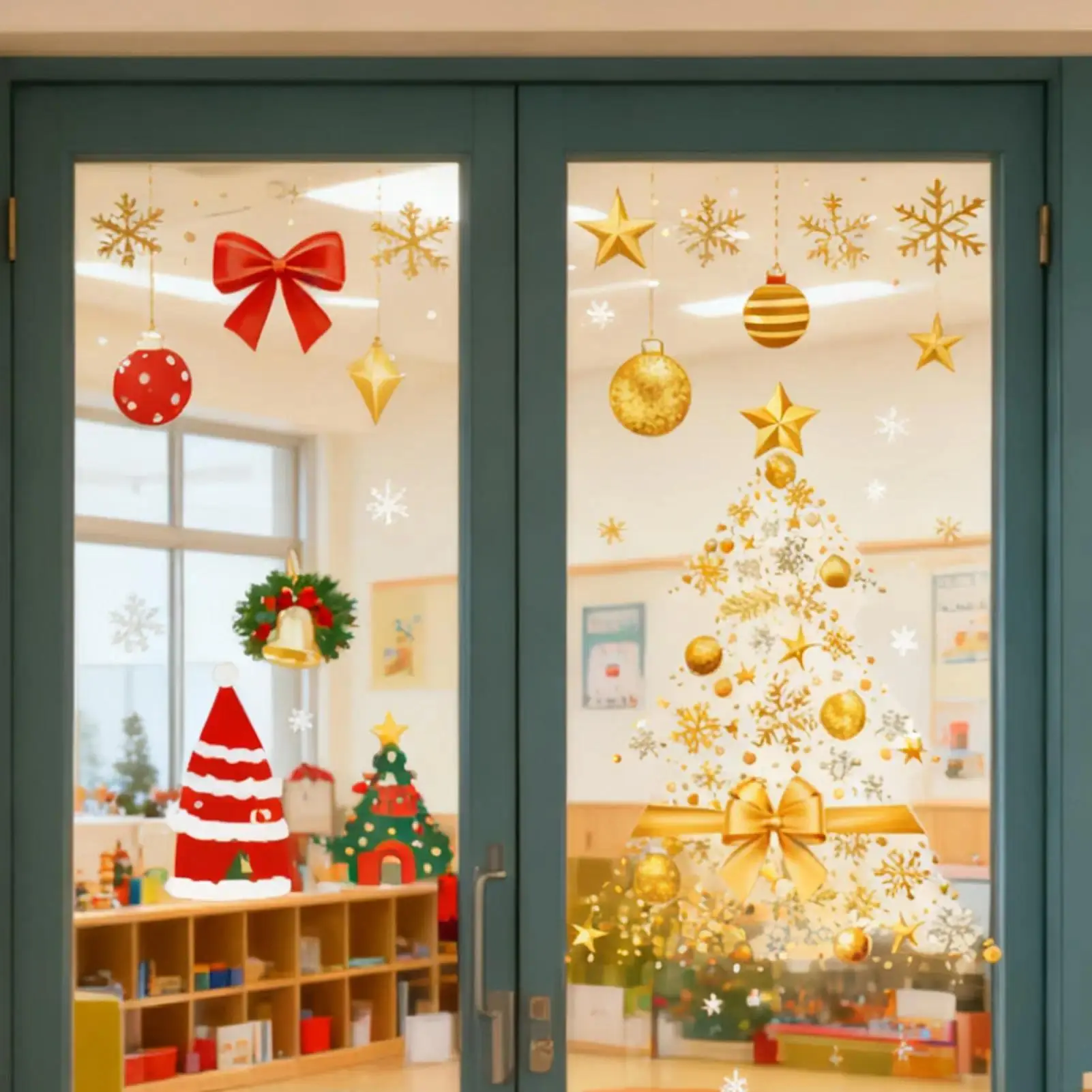 Golden Christmas Tree Glass Stickers Large Static DIY Wall Film Removable Double-sided Golden Christmas Tree Window Decal