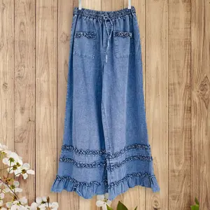 Sage Vell Solid Color Washed Drawstring Cute Ruffled Jeans