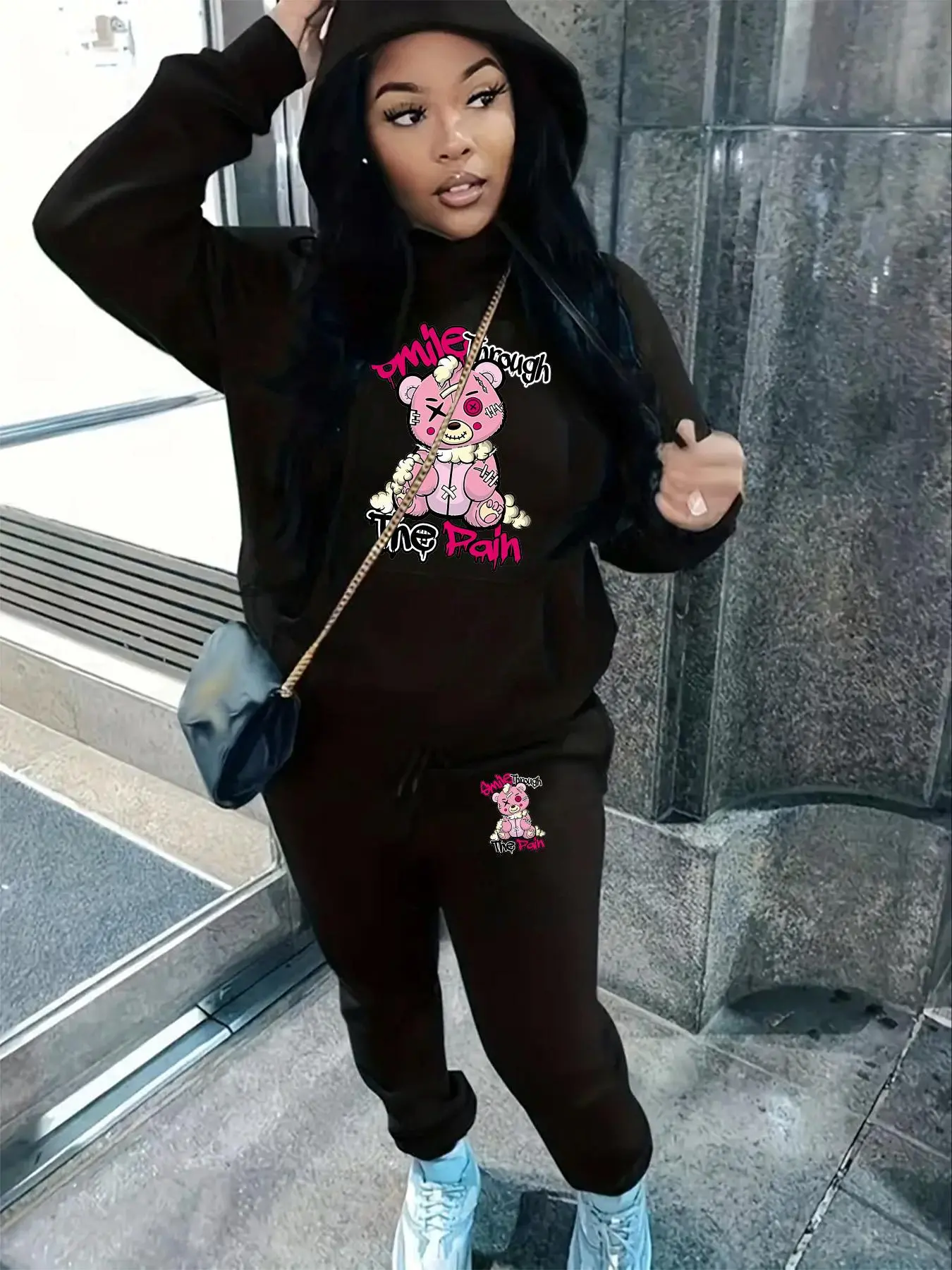 【Plus Size】 Two-piece Set Cartoon Bear Print Drop Shoulder Hoodie & Drawstring Waist Sweatpants Set, Casual Fashion Cozy Breathable Two-piece Outfits for Daily Outdoor Wear, Women Clothing for Fall & Winter
