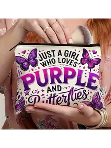 1pc Unisex Adult Accessory Gift - Motivational Makeup Bag with Zipper - Purple Butterfly Design - Portable Cosmetic & Toiletry Organizer for Travel, Vacation, Fitness, Camping - Travel Toiletry Pouch - Whimsical Design - "Just a Who Loves Purple