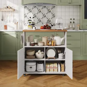 GARVEE Spacious Kitchen Island Cart with Cabinet – Wood Top, Drawers, Towel Rack & Lockable Wheels – Moveable Storage Solution for Dining Room, Kitchen, Living Room – Perfect for Extra Counter Space & Organization – Stylish & Mobile!