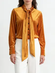 Women's Elegant Stand Collar Long Sleeve Top, Fashionable Colorblock Design, Casual Loose-Fitting Blouse for All Seasons