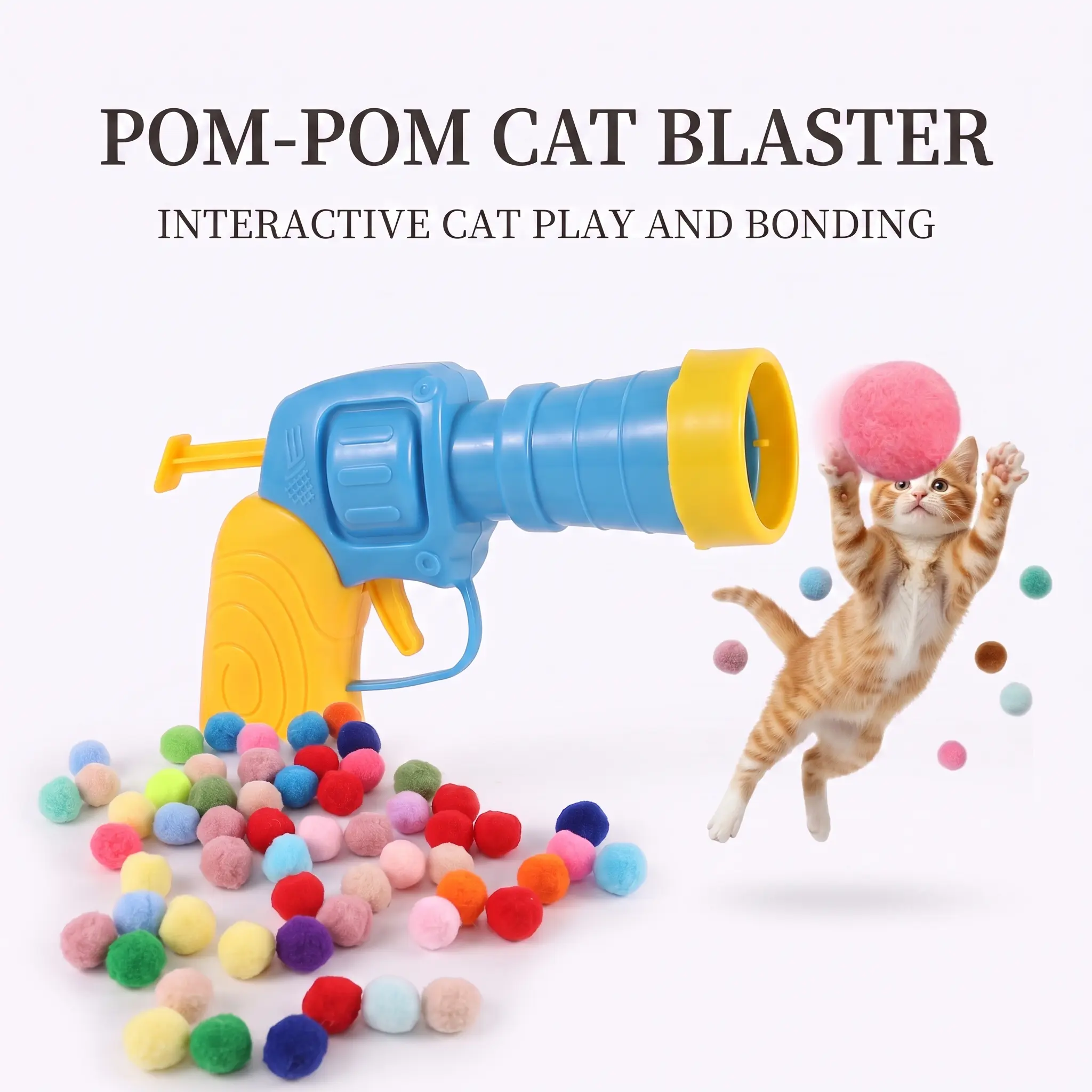 Interactive Cat Ball Launcher Toy - Soft Felt Pom Pom Blaster, 1-Button Fetch Toy for Indoor Cats, Boredom-Relieving Pet Accessory to Boost Bonding, cute kitten, fun gift