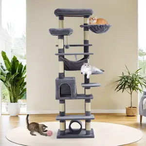 74" Tall Indoor Pet Furniture for Large Felines, Cat Tree with 11 Scratching Posts, Hammock, Large Top Perch, Toy Balls & Condo
