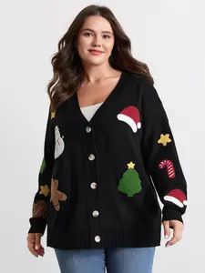【Summer Turn-Up】【Neck-Lengthening】BlOOMCHIC Plus Size Gingerbread Santa Embroidery Knit Cardigan Knitwear Fit rave fall virginia shopping haul fall clothing tops billie concert Womenswear [M-6X] 2026 Summer Pick for Mother's Day