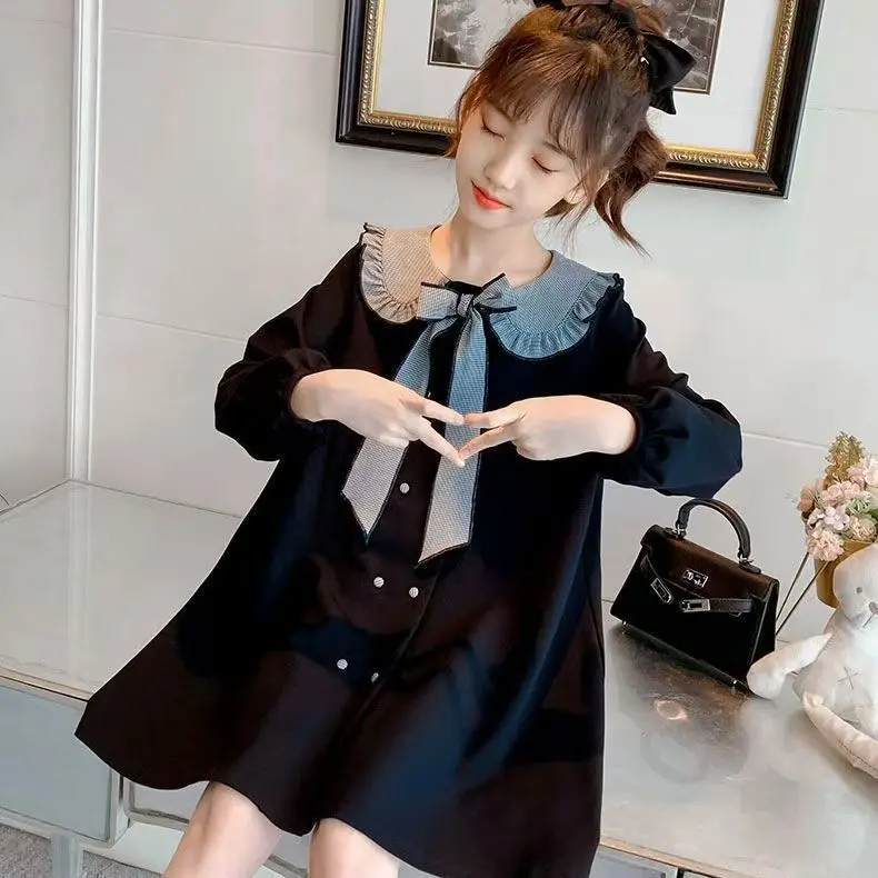 Girls' Preppy Plain Polyester School Dress - Long Sleeve A-Line, Navy Collar with Bow, Preppy Look, Sizes 5-6y,9-10y,11-12y,13-14y,15y, Long Sleeve Shirt, A-Line Cut, Bow Accent, Woven
