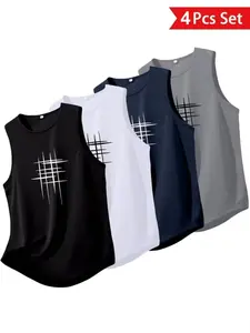 4-Pack Men's Cool Line Graphic Tank Tops | Casual Sleeveless Crew Neck Shirts, Stylish Minimalist Print Summer Tops for Daily & Street Style