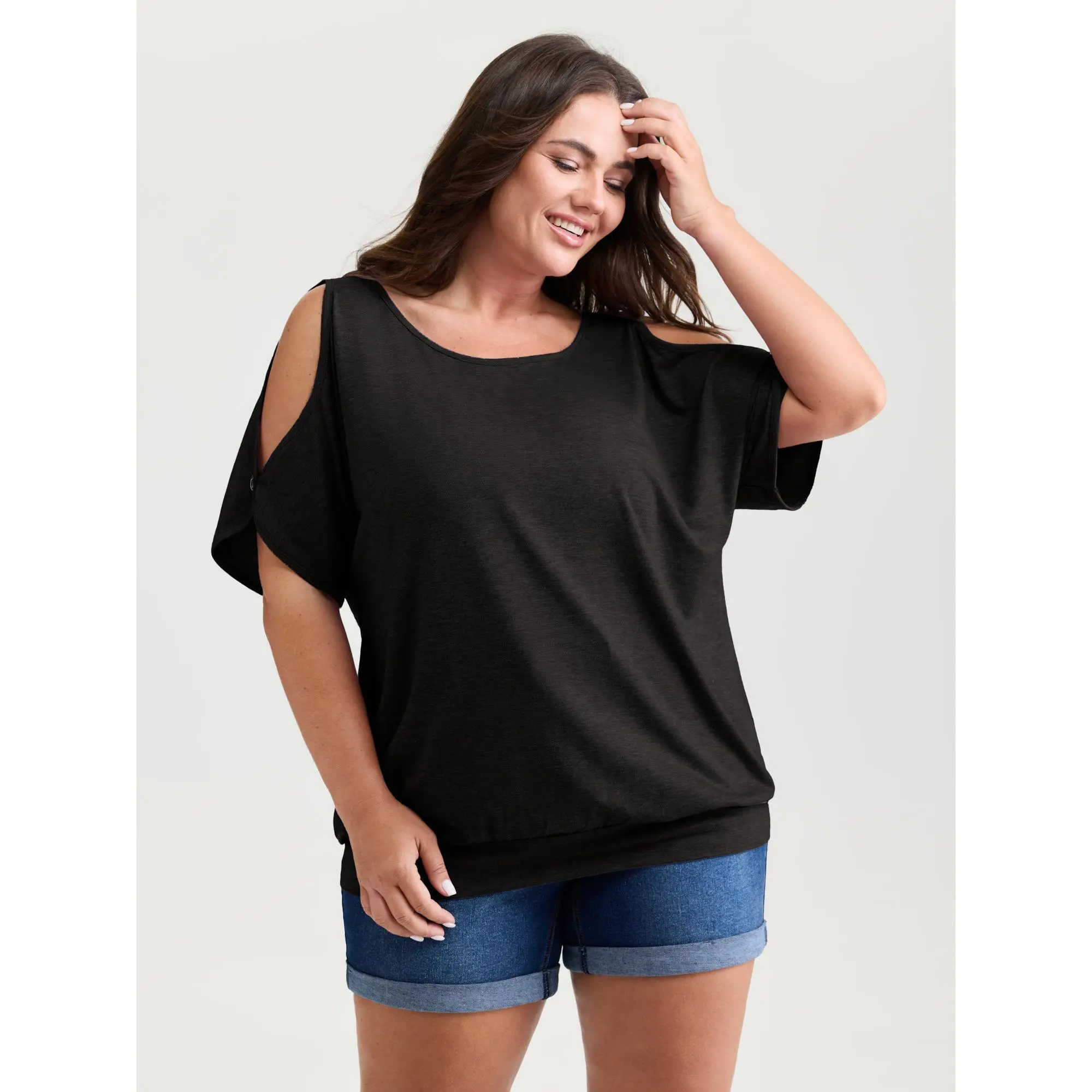 BLOOMCHIC Women's Plus Size Short Sleeve Top [M-6X] - Cold Shoulder Basic T-Shirt, Soft Stretch Fabric, Casual Minimalist Shirt for Summer Daily Wear,Summerfinds,back to school,back to school shopping