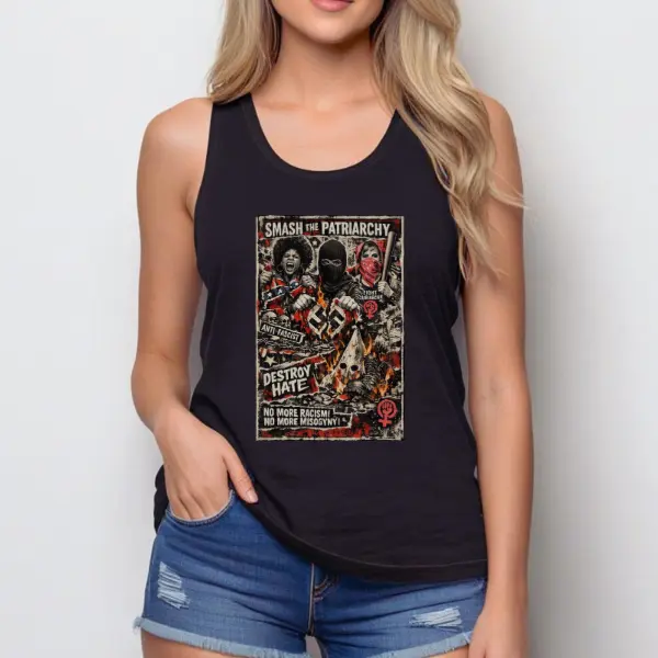 Women's Lightweight Cotton Graphic Tank Tee - Fitted, Sleeveless, Racerback Fabric Top, Casual Pro-Woman Anti-Fascist Statement Clothing Shirt Womenswear