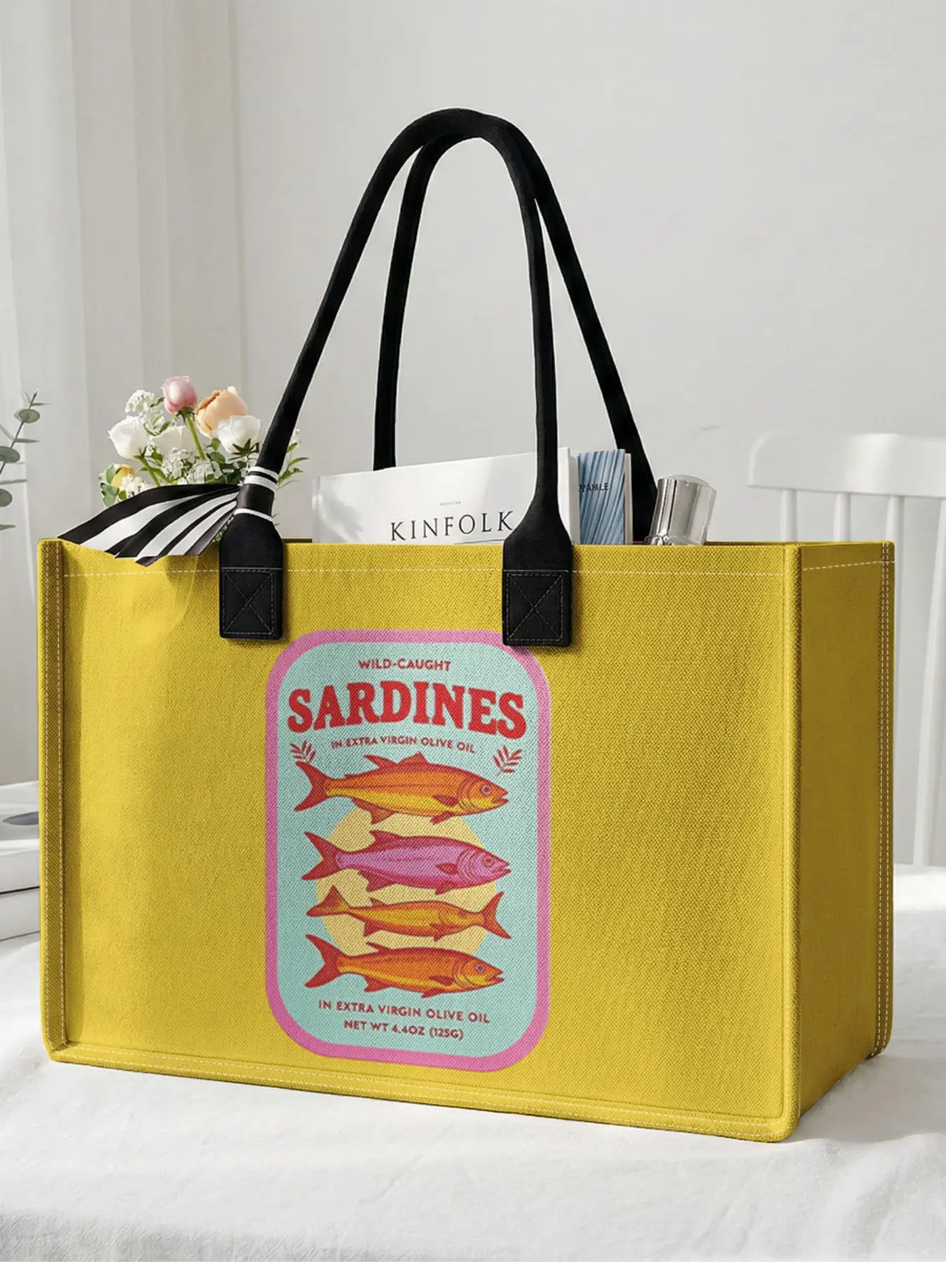 1 piece of sardine pattern 2D printed large capacity storage bag, extra large storage bag, sturdy handle, space-saving multi-purpose, suitable for use at school, business trips, shopping, Reusable Bags, Tote Bag, Durable Shopping Totes