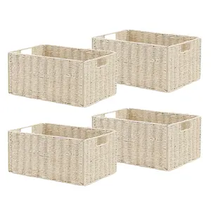 Eco-Friendly Collapsible Woven Storage Baskets, Set of 4 – Rectangular Paper Rope Organizer Bins with Handles for Home, Living Room