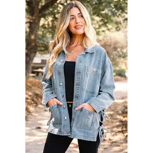 Beau Blue Multi Patched Pockets Side Tie up Boyfriend Style Denim Jacket