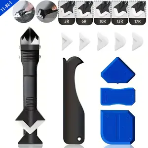 New Sealant Tool 11-piece silicone grout filler tool set, multi-functional 3-in-1 grout remover for tiles and glass glue, Durable stainless steel grout scraper, suitable for household, kitchen, bathroom, and window grout removal.