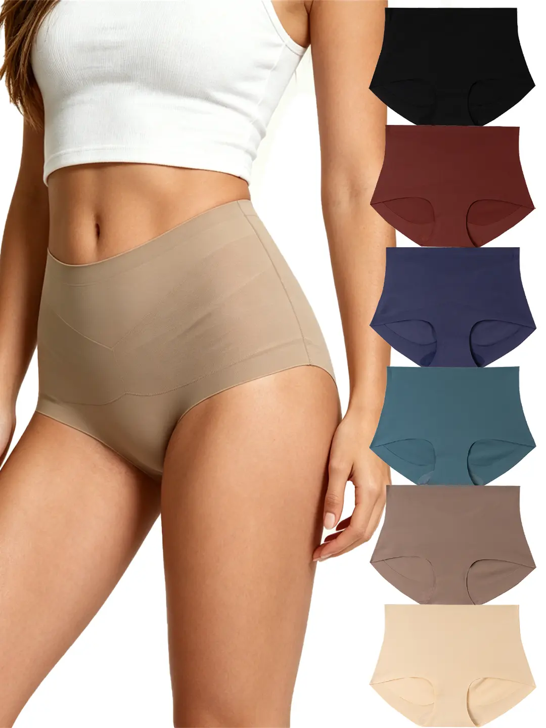 Women's High-Waist Fitted Compression Lingerie Briefs - Buttery Smooth Fabric, Comfortable Lightweight, Minimalist Panty, Tummy Control, Hip Lift, Breathable, Invisible Plus Size Lady Casual Underwear (6 Pieces, Not for Jeans)
