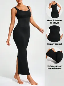 Sleeveless Full-Length Tummy Control Shapewear Dress: Wear Alone or as a Layer, Enhances Natural Curves, Seamless Compression for Waist/Core Smoothing, Side Slit Design for Mobility, Breathable Stretch Fabric – Sleek Black Silhouette Shaper for All Occasi