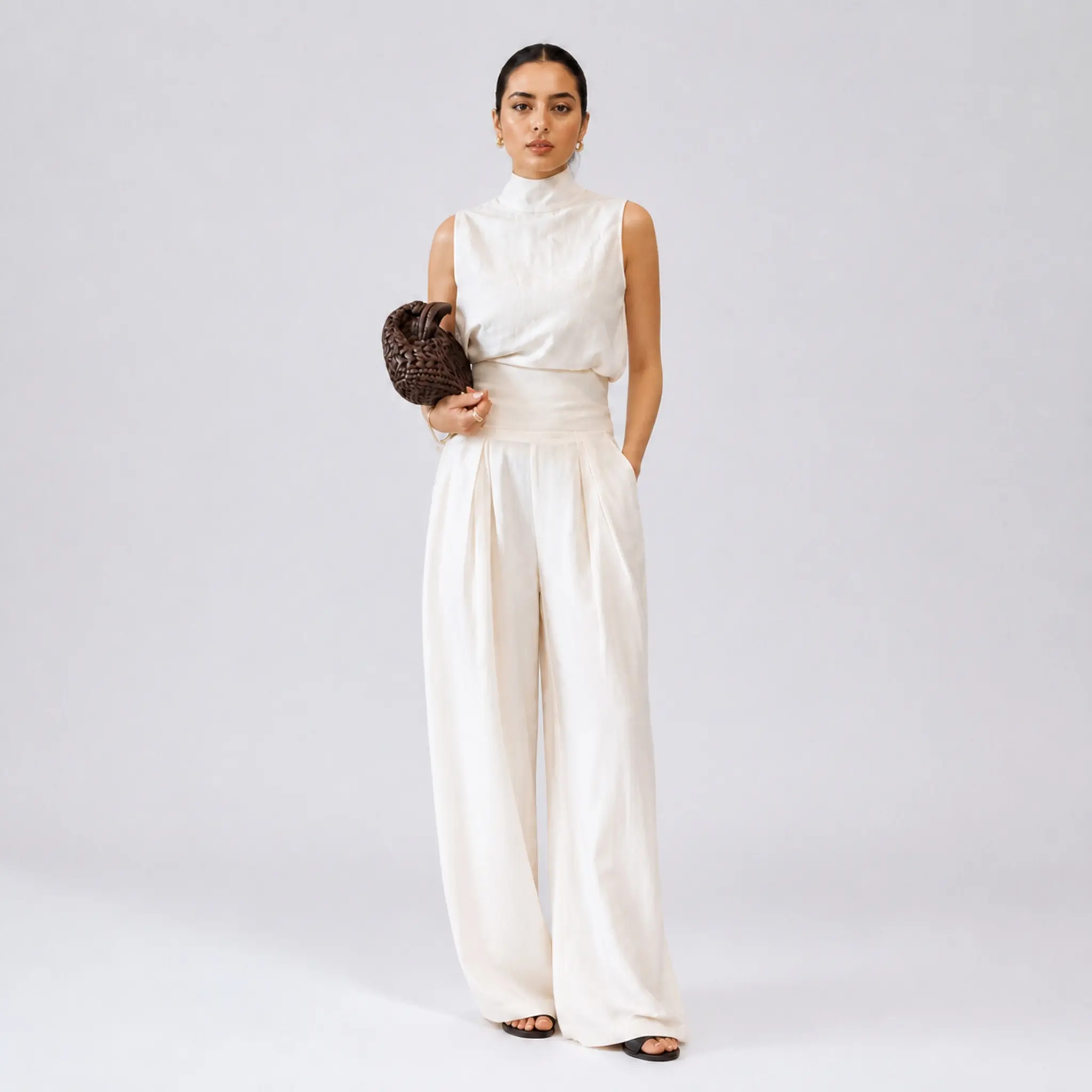 LikeMyChoice 2-Piece Elegant Set Chic Mock Neck Halter Top & High-Waisted Wide-Leg Pants | Trendy Old Money Aesthetic Outfit for Summer Vacation & Office Womenswear Clothes