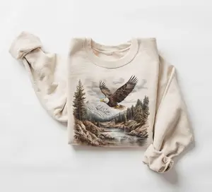 Retro Bald Eagle River Scene Sweatshirt - 90s Birds Of Prey Forest Nature Outfit - Boho Unisex Crewneck Sweatshirt, Unisex Cotton Crewneck Menswear Womenswear Underwear Streetwear Top