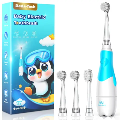 Dada-Tech Silicone Penguin Battery-Powered Electric Toothbrush for 0-3 Year Toddlers, 4 Round Brush Heads, LED Light, 2-Min Timer, Advanced Sonic Gentle Cleaning, Good Habits Tracker, Adorable Appearance, Penguin Blue