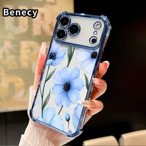 Blue Floral Reverie Pattern Phone Case for iPhone 17 Pro Max 16 15 Plus Air 14 13 12 11 E Electroplated Four-Corner Anti-Fall Protection Cellphone Cover