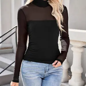 Women's Sexy Sheer Mesh Long Sleeve Mock Turtle Neck Ruched Slim Fit Going Out Blouse Casual Fall Top
