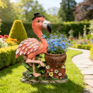 Handmade Outdoor Garden Sculpture Flamingo Flower Pot Planter - Unique Yard Statue Decoration, Interesting Law Outdoor Ornament