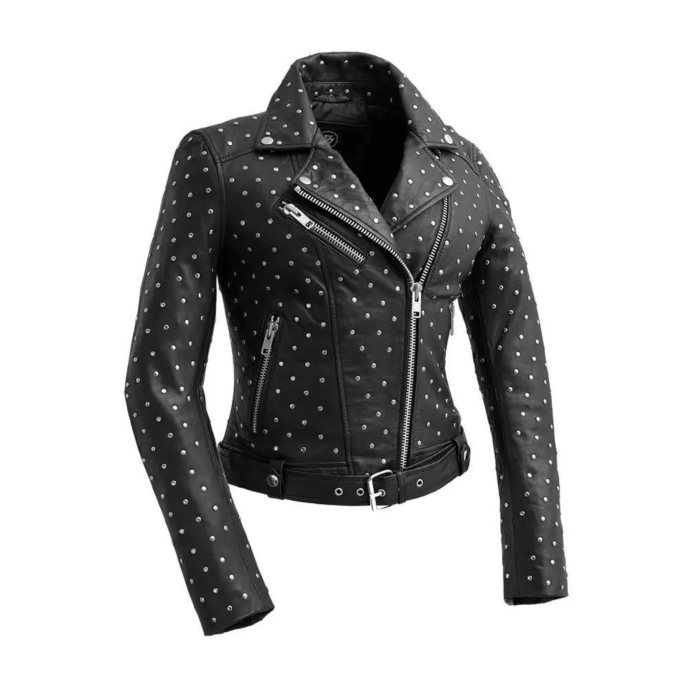 FM Women's Lambskin Leather Asymmetrical Studded Leather Biker Jacket