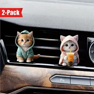 2-Pack Adorable Hoodie Cat & Boba Tea Shaped Acrylic Vent Clips - Air Fresheners for Automobile A/C Outlets with Compressed Scent Tablets, Decorative Vehicle Accessories, Aesthetic Automotive Interior Decor, Freshens and Purifies the Air