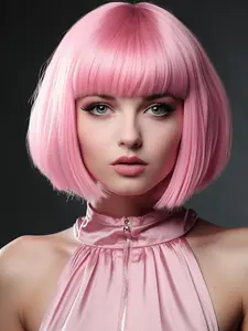 12 Inch/30cm Fashion Lady Short Straight Synthetic Flat Bangs Bob Cut Wig, Rouge, Medium Length Hair Curl Style, All Season Wear