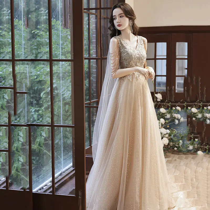 Evening Dress for Women New 2025 Champagne Color Elegant Fringe Host Annual Meeting Banquet Dress with Embellishments - TikTok Shop Evening Dress for Women New 2025 Champagne Color Elegant Fringe Host Annual Meeting Banquet Dress with Embellishments - TikTok Shop