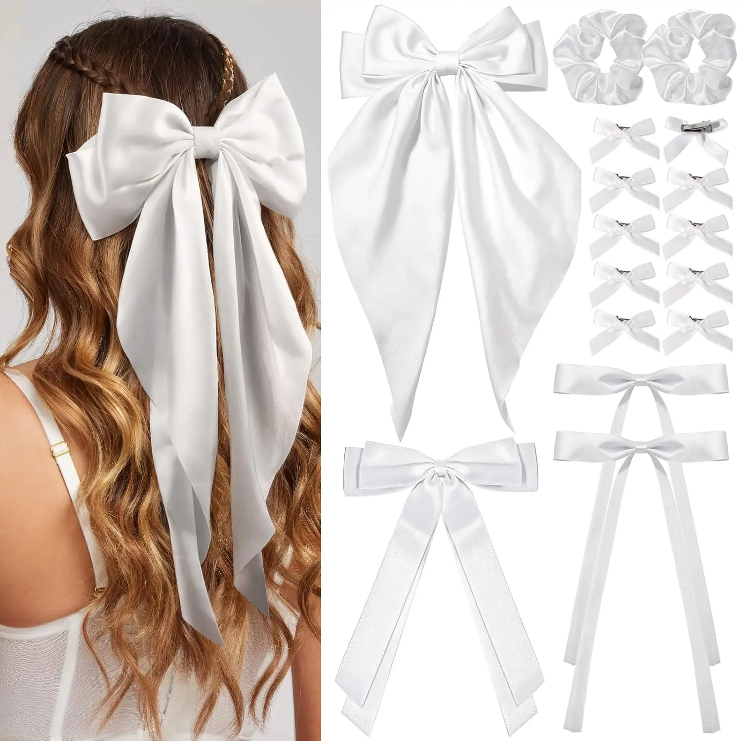 White Oversized Satin Hair Bows Set with Scrunchies for Women Perfect for Women Gifts And Wedding Additions