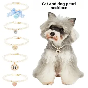 Pet Collar Cat Dog Pearl Necklace Bow Collar Premium Delicate Accessories Pet Supplies cuban  link  collar Valentine's Day with Bowtie big breed candy cane catchain custom dog acesso hell  kitty  collars easy  harness Festive Christmas Collars Set large