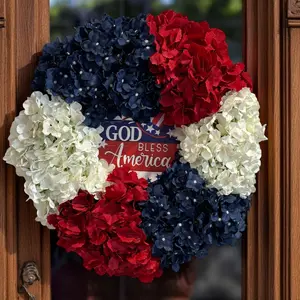 Americana Patriotic Hydrangea Front Door Wreath,  God Bless America  Memorial Day 4th of July  Welcome Wreath (Free Shipping)