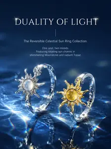 Konpje Rotating Sunburst Fidget Ring for Women - Anti-Anxiety Spinner Ring, Adjustable Open Cuff Sun Totem Crystal Ring, Boho Aesthetic Spiritual Jewelry Gift