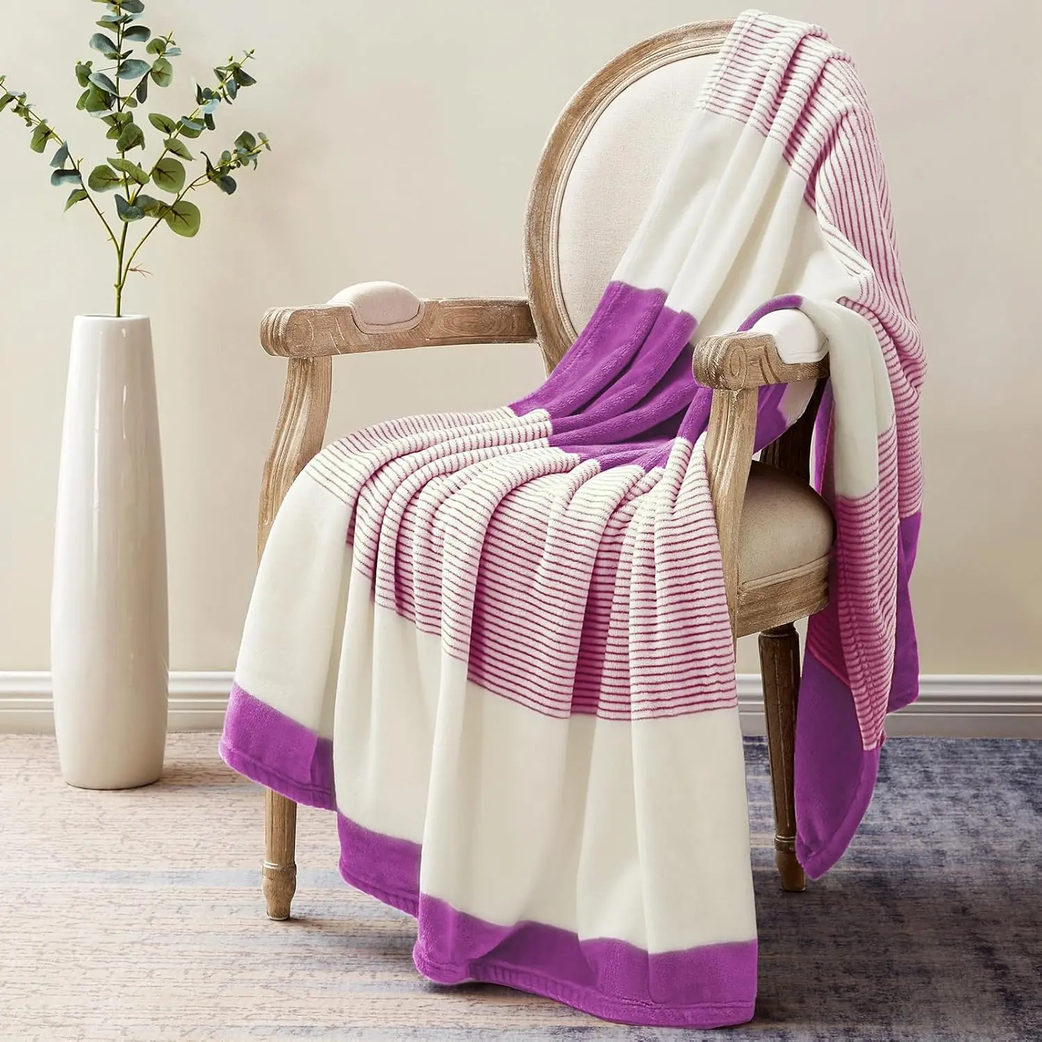 Fleece Throw Blanket for Couch, Purple Soft Fluffy Blankets Throws, Fuzzy Cozy Plush Flannel Blanket for Sofa, Comfy Warm Lightweight Bed Blanket Striped (Purple, 50x60IN)