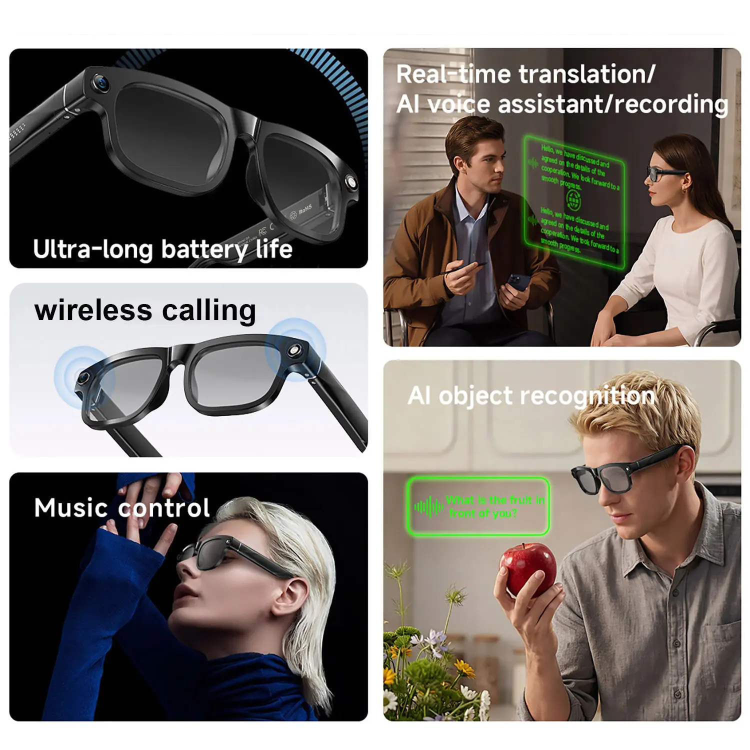 Smart AI Glasses with 8MP HD Camera, 164 Languages Interpretation, Wireless Bluetooth Video Recording Camera Glasses, Interchangeable Sunglasses Lenses UV Sun Protection for Riding,Driving,Travel,Outdoor Adventures