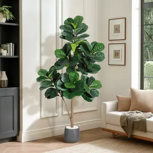 YJ-Garvee Artificial Fiddle Leaf Fig Trees in Multiple Sizes (4FT to 7FT) with Realistic Faux Ficus Lyrata Leaves, Black Planters, Easy Assembly, Maintenance-Free Decor for Indoor Home, Office, and Living Room