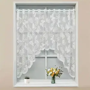 American Lace Kitchen Partition Curtain ,Butterfly Flower Coffee Door Curtain ,Short Half Curtain ,White lace half-panel window curtain fabric, Home Decoration Curtain, Net Curtain Window, Net Curtains Window