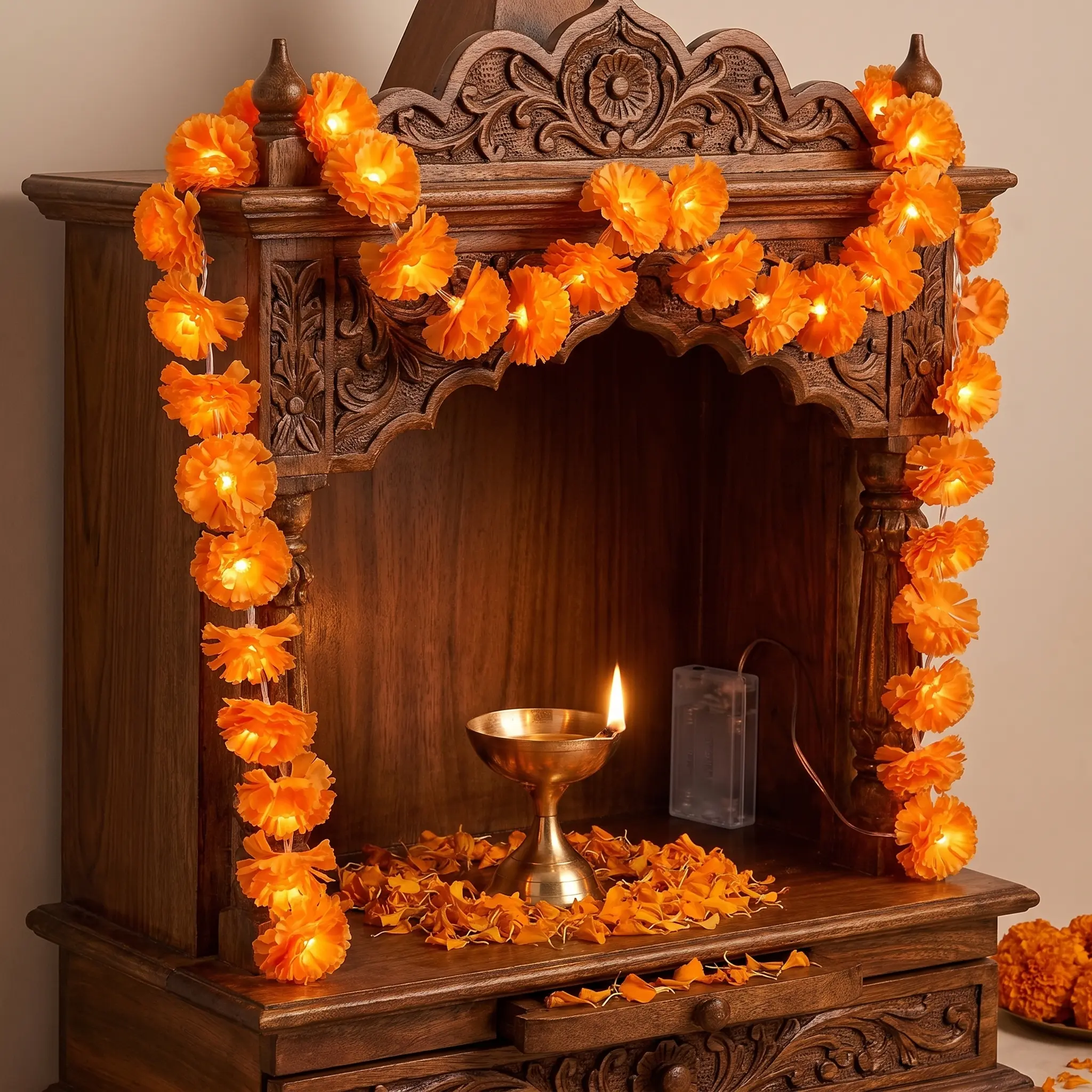118.11in 20LED Marigold Artificial Flower String Lights, Boho-Style Warm White Fairy Lights with Realistic Petals, Battery Powered with Timer Function for Diwali, Weddings, Home Decor & Party Props