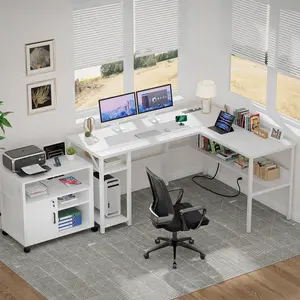 Homieasy Reversible L Shaped Gaming Desk with Power Outlets and USB Charging Ports, Sturdy Computer Desk with Storage Shelf, Modern Corner Desk Home Office Table, Easy to Assemble, White