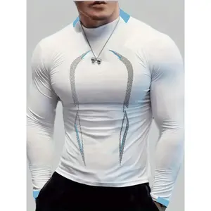 [Quick Dry Sports Shirt] Quick Dry Men's Sports Training Shirt |   Breathable Short Sleeve, Long Sleeve, Crew Neck, Knitted Fabric, Medium Stretch, Print Pattern, Skinny Fit