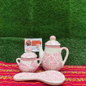 Coffe Set Pack Relieve Cielito Lindo, color Rosa (Azucarera, Tetera y Porta Cuchara).