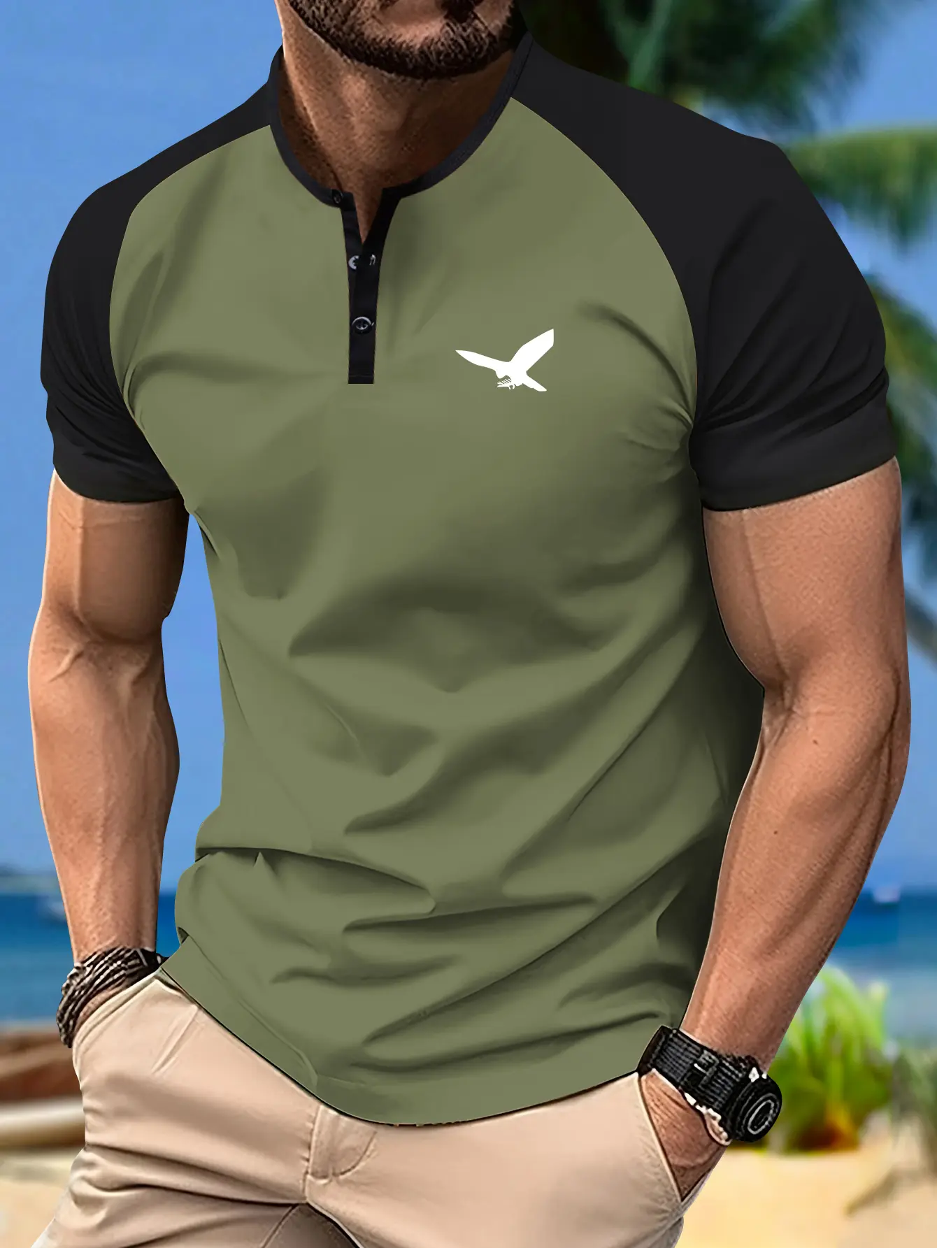 Men's Henley T-Shirt, Casual Eagle Graphic Short-Sleeve Top with Button Closure and Contrast Binding, Tshirt, Graphic T Shirts