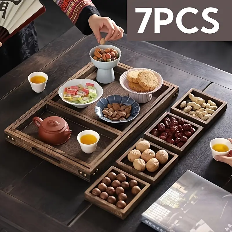 7 Split Solid Trays, Vintage Elegance, Rustic Trays with Handles, Rectangular Party Trays, Fruit Trays, Tea Trays for Placing Large and Small Items, Snacks, Tea, Coffee, Desserts, Durable Kitchen or Living Room Decoration Trays