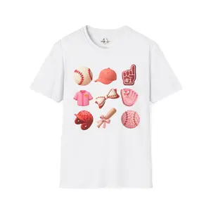 Pink Baseball Icons T-Shirt | Bat, Glove, Cap, Helmet, Ball