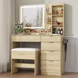 Vanity Desk with Large Mirror and LED Lights，Makeup Vanity Table Set with 5 Drawers & Chair，Fluted Dressing Table with Hair Dryer Holder and Adjustable shelf vanity desk