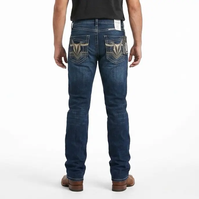 Men's Denim Jeans - Menswear Classic Simple Pants, Dark Blue Western Elegance Straight-Leg Full-Length 5-Pocket Design for Casual Wear, Hoodie, Tee
