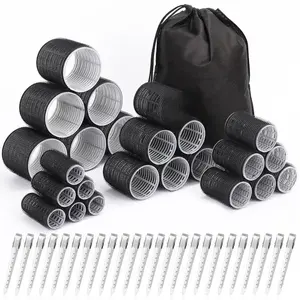 Hair Curlers Set with 24 Rollers (6 Jumbo, 6 Large, 6 Medium, 6 Small) and 24 Clips for All Hair Lengths (Black)