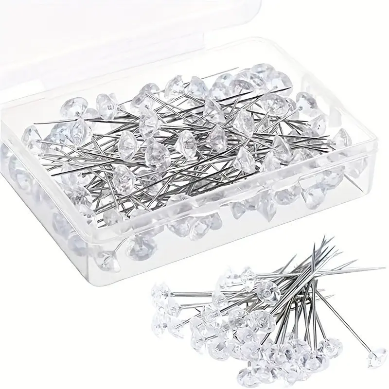100pcs Diamond Head Sewing Needles, Wedding Bouquet Pins, Clothing Sewing Accessories and Supplies, Transparent Rhombus Pattern, Perfect for Hair Design, Sewing Tools