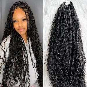 Boho Crochet Box Braids with Human Hair Curls Pre -Looped Deep Wave For 20 Strands