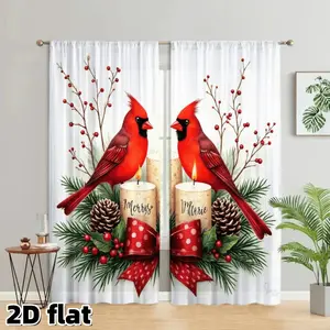 2D Flat 2Pcs Cardinal Bird Christmas Curtains, Winter Holiday Design with Red Cardinals Candles Pine Cones Berries, Rod Pocket Style, Semi Sheer Polyester Fabric, Living Room Bedroom Kitchen Window Decor, Seasonal Home Decoration, Easy to Clean